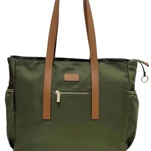 Elegant Olive Green Tote Bag with Tan Accents